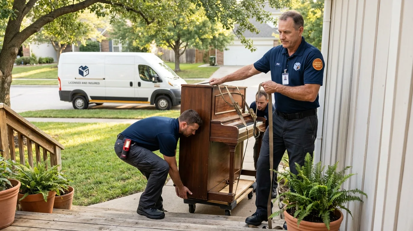 Licensed piano movers securing grand piano in Lucasville, OH