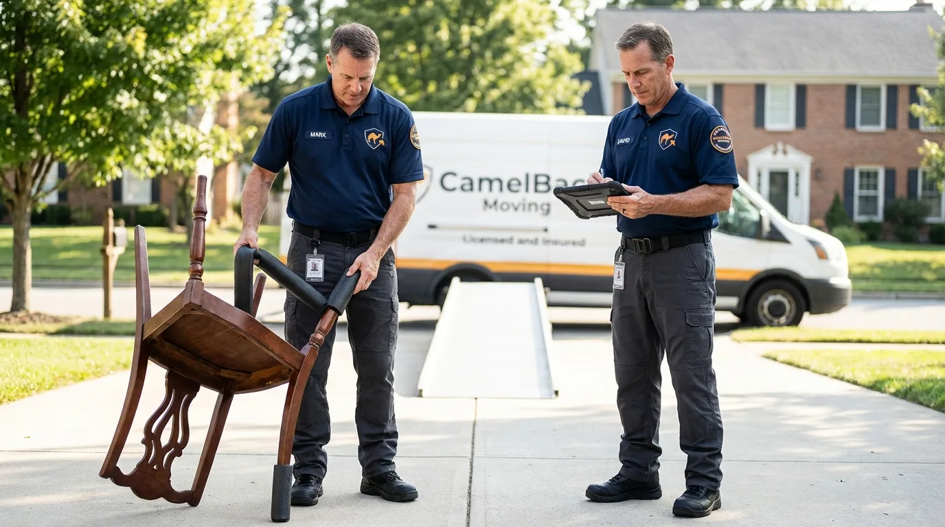 Movers inspecting furniture for damage prevention before loading in Lucasville, OH