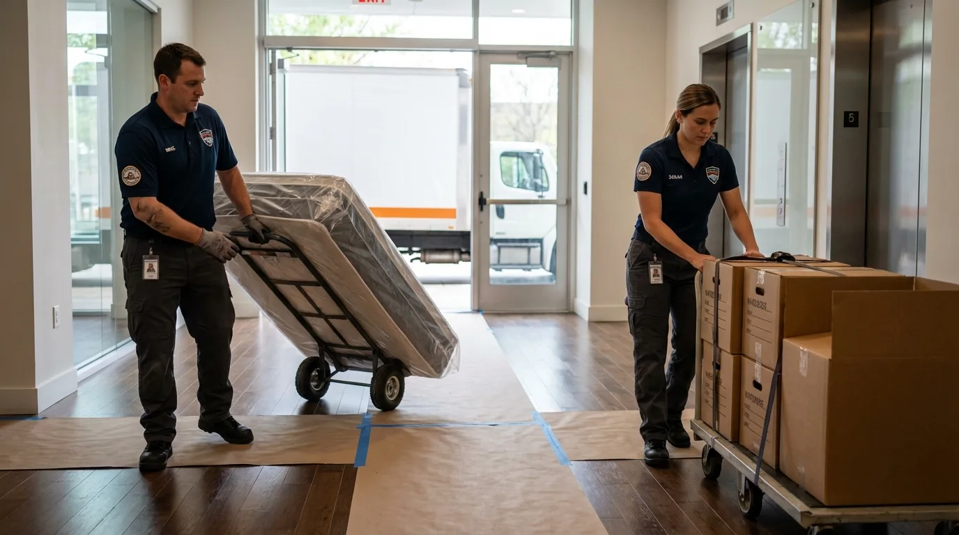 Professional apartment movers loading elevator in Lucasville, OH